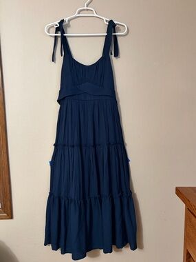 Trixxi Navy Blue Boho Tiered Maxi Dress | Cottagecore Tie Strap Smocked Sundress